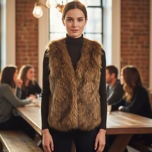 NWT Chelsea & Theodore Women 3X Brown Faux Fur Vest Lined Plus Size Boho
